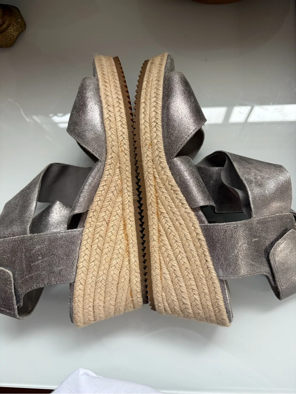 Eileen Fisher Willow Metallic Gray Suede Crisscross Espadrille Wedge NWOT